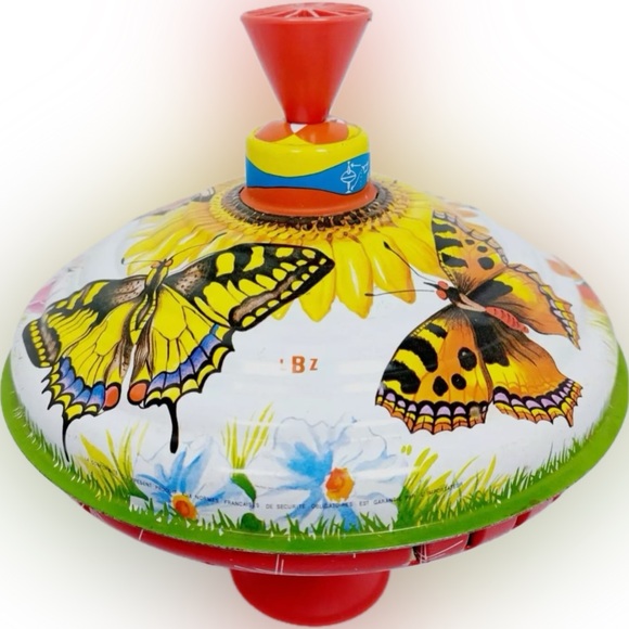 VTG RARE LBZ LORENZ BOLZ ZINDORF TIN TOP FLOWER BUTTERFLY W GERMANY BOLZ TOYS 8” - Picture 1 of 8